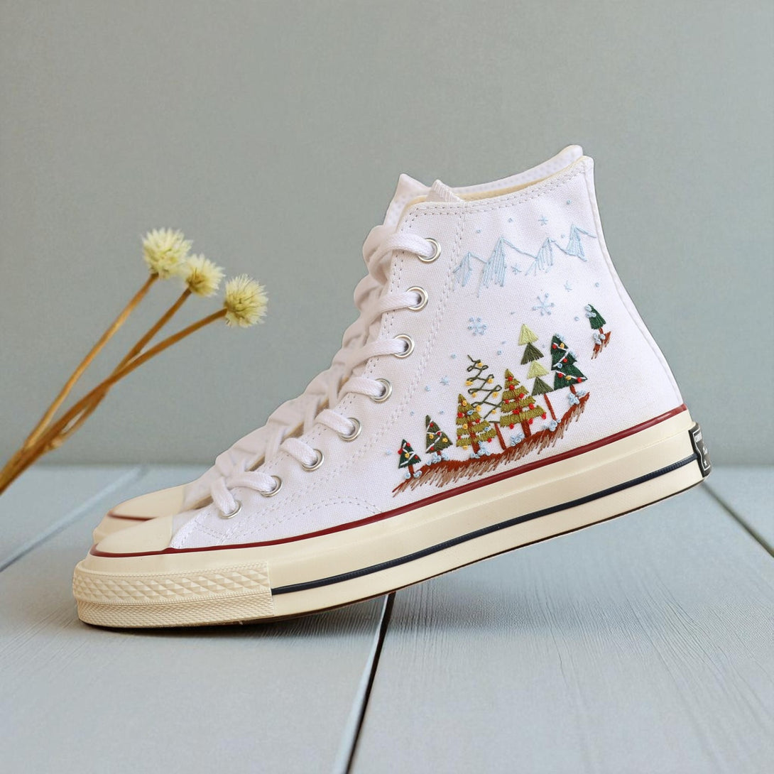Converse embroidered high top Christmas Converse Shoes white canvas with festive tree and snowy mountain design