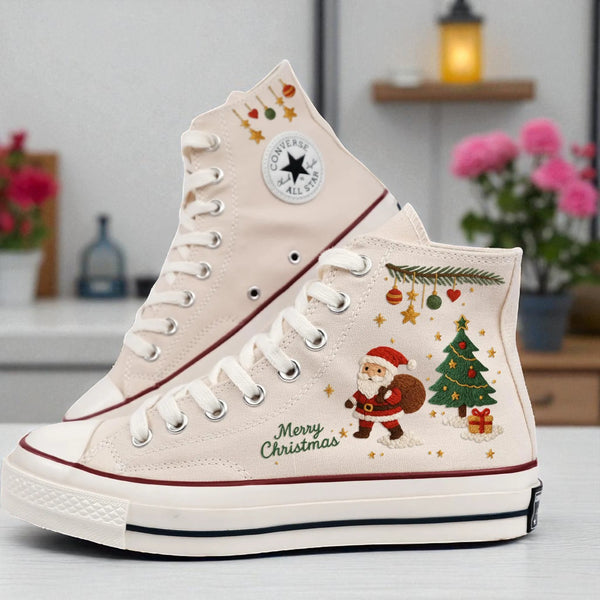 Converse embroidered high top sneakers cream with embroidered Santa tree and ornaments Christmas Converse Shoes With Santa