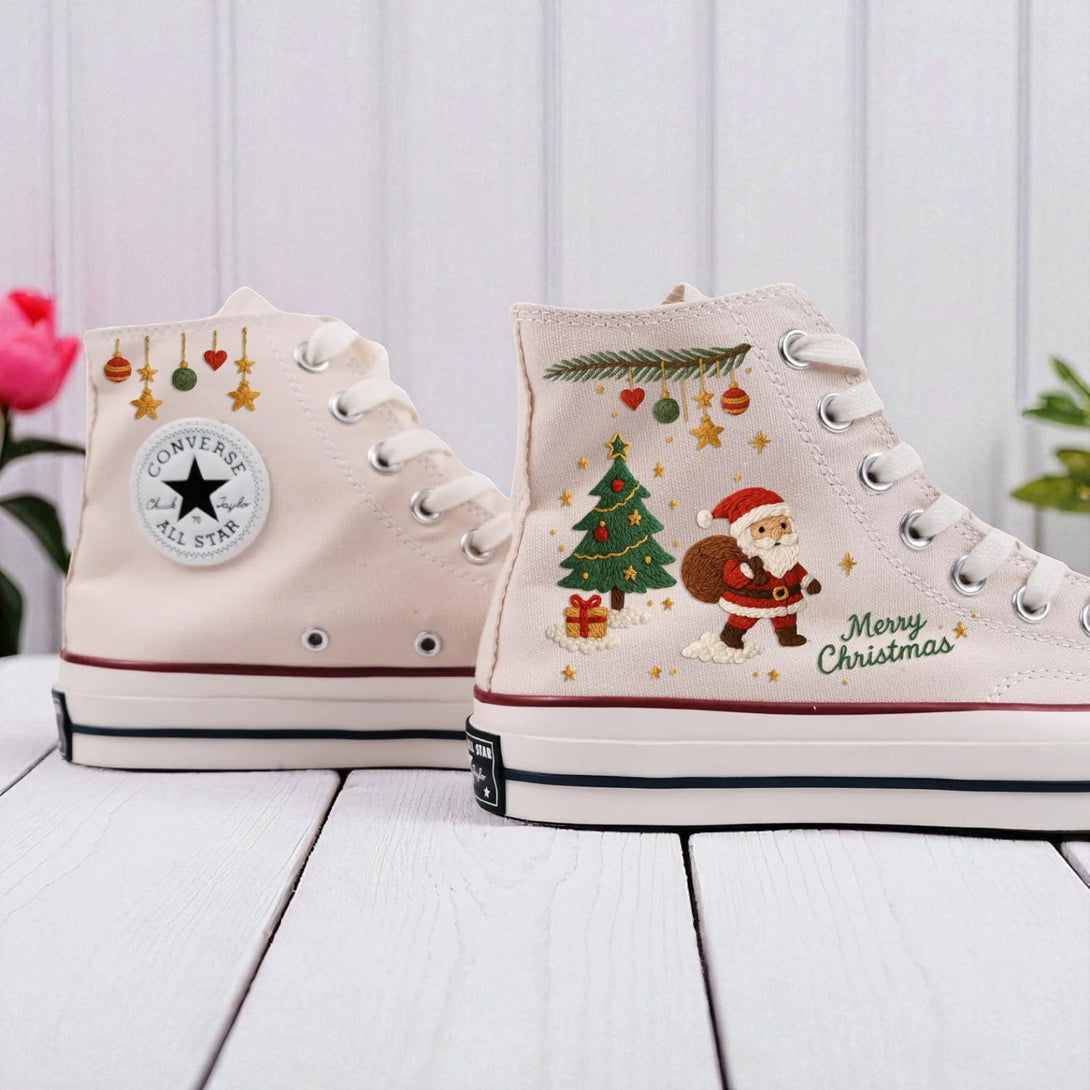 Beige Converse embroidered high tops with Santa tree and gifts Merry Christmas text Christmas Converse Shoes With Santa