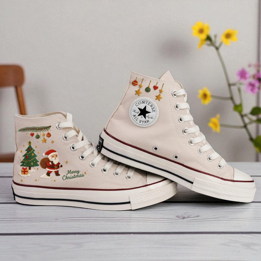 Christmas Converse Shoes With Santa embroidered high top beige canvas sneakers with Santa and Christmas tree embroidery