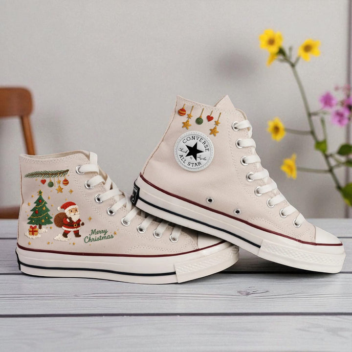 Christmas Converse Shoes With Santa embroidered high top beige canvas sneakers with Santa and Christmas tree embroidery