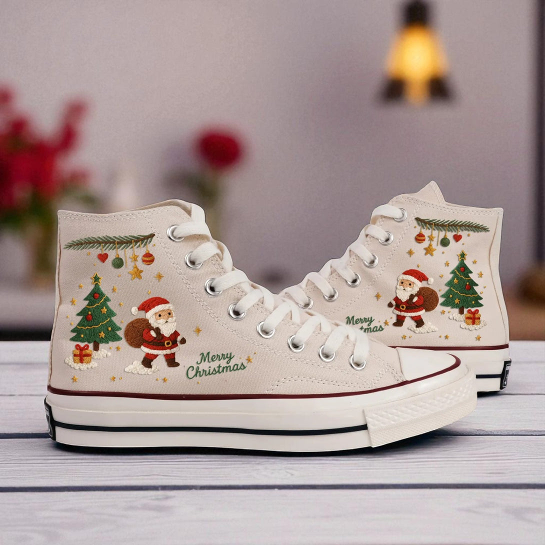 Converse embroidered high top shoes with Santa tree gifts Merry Christmas motif Christmas Converse Shoes With Santa holiday design