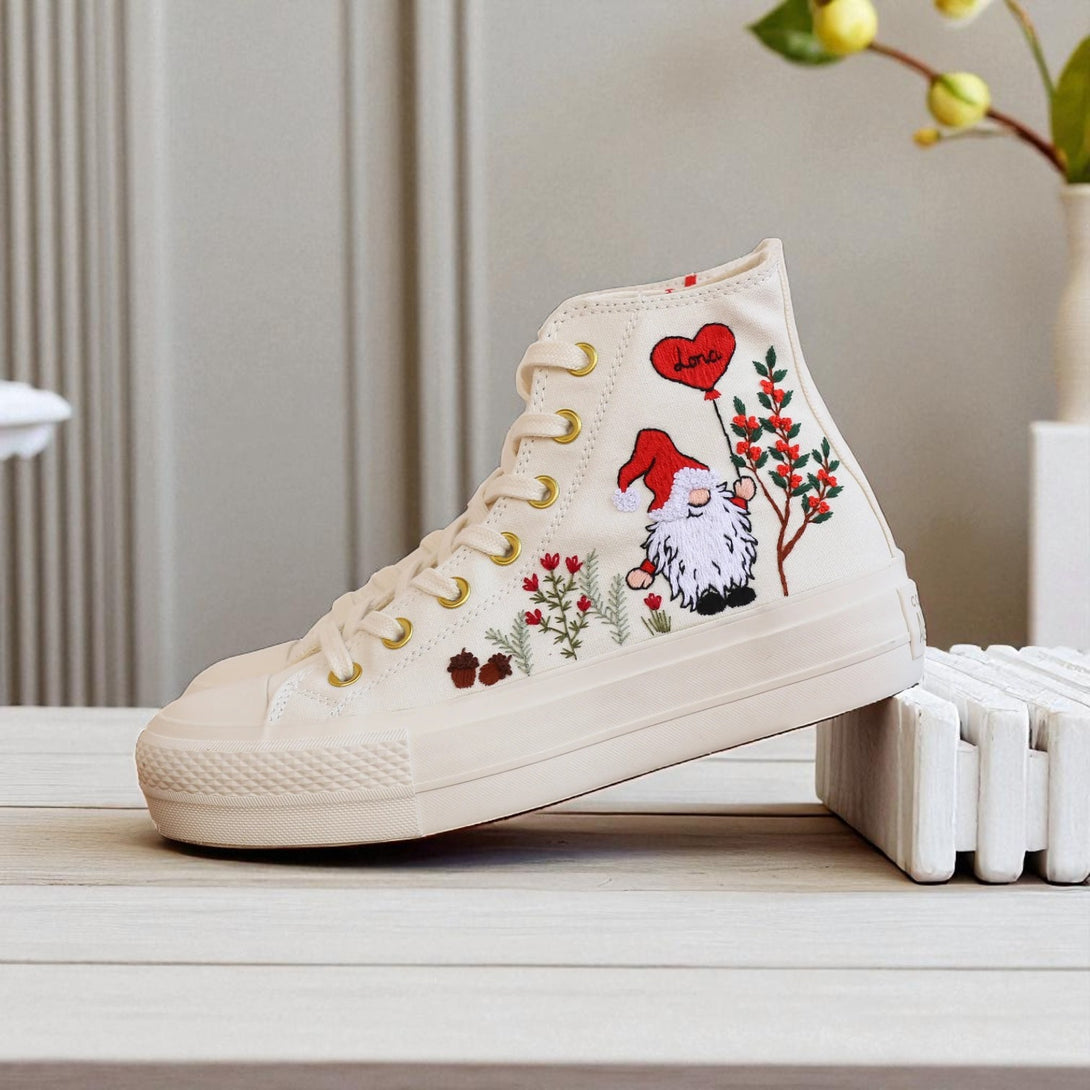 Converse embroidered high top sneaker with gnome in red hat and floral embroidery on cream canvas Christmas Converse