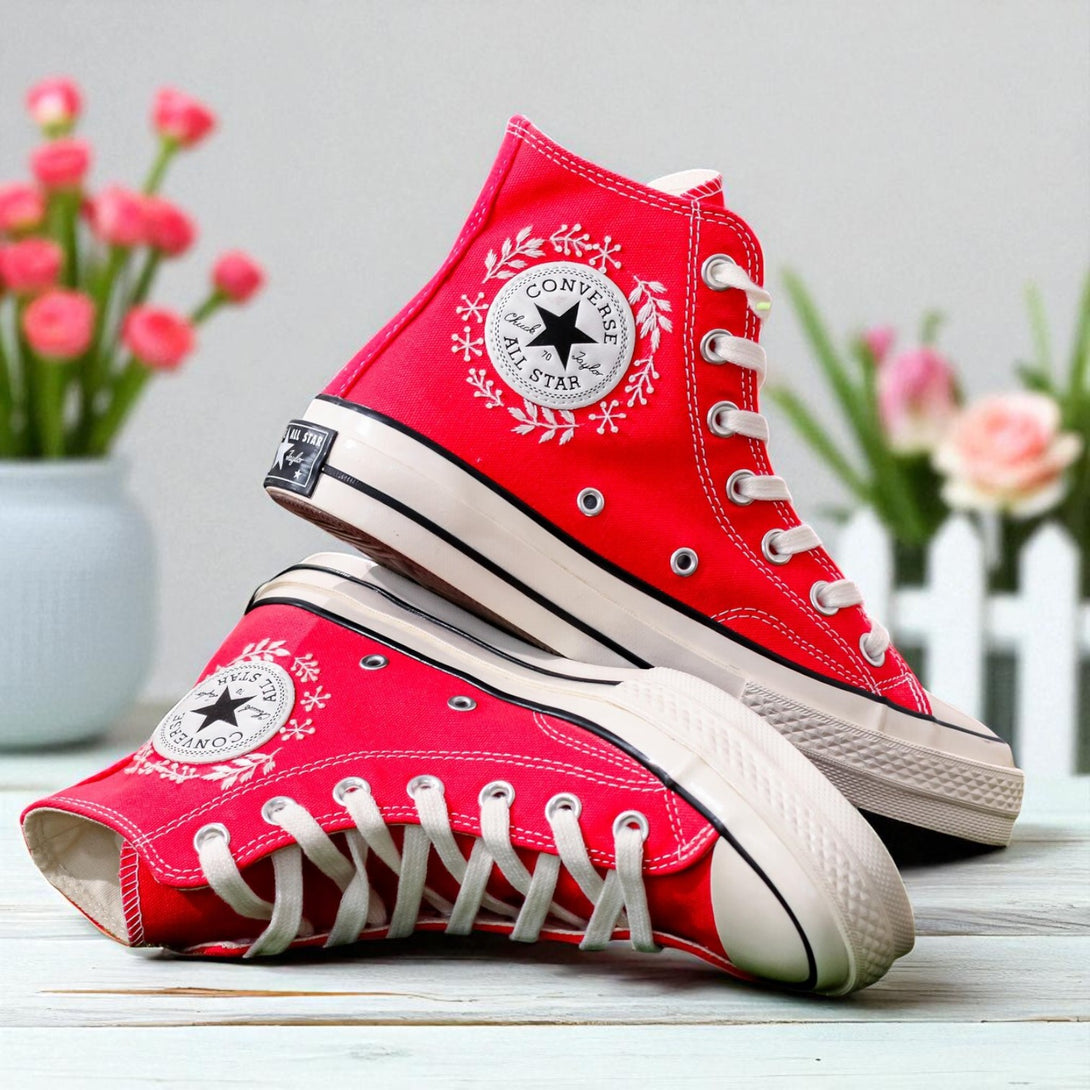 Red embroidered high top Converse sneakers with white floral logo detail Christmas Converse Vintage style