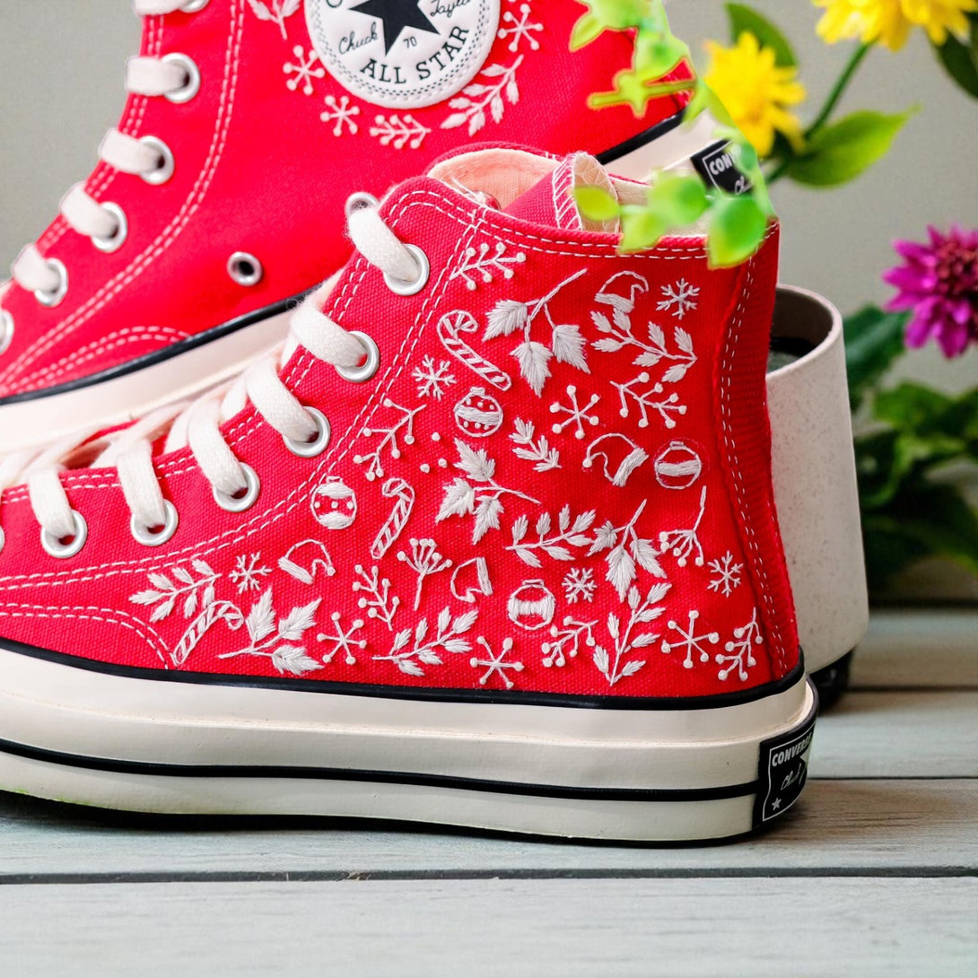 Christmas Converse Vintage red embroidered high top All Star sneakers with holiday motifs