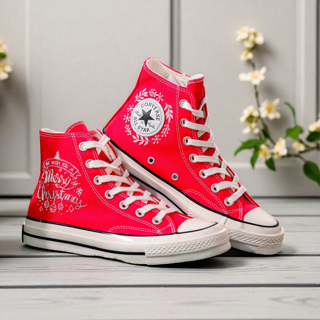 Christmas Converse Vintage red embroidered high top shoes with white laces and Merry Christmas embroidery