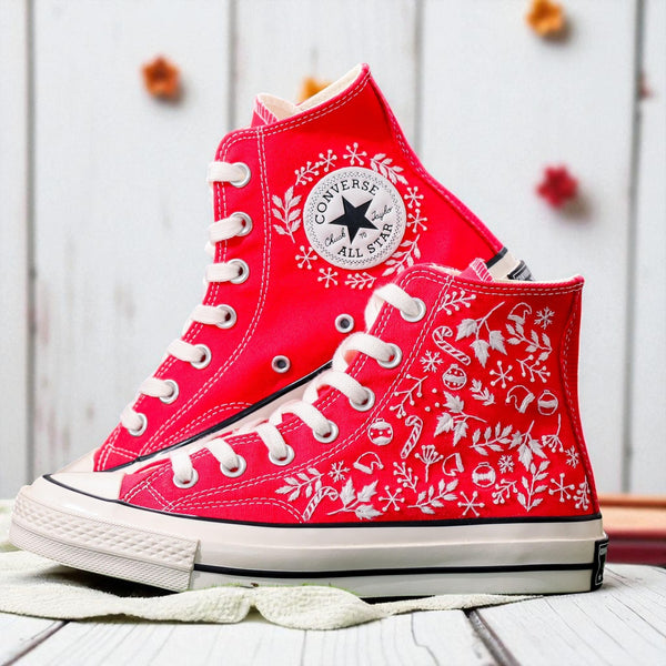 Red embroidered Converse high top shoes with white holiday motifs and stars Christmas Converse Vintage sneakers
