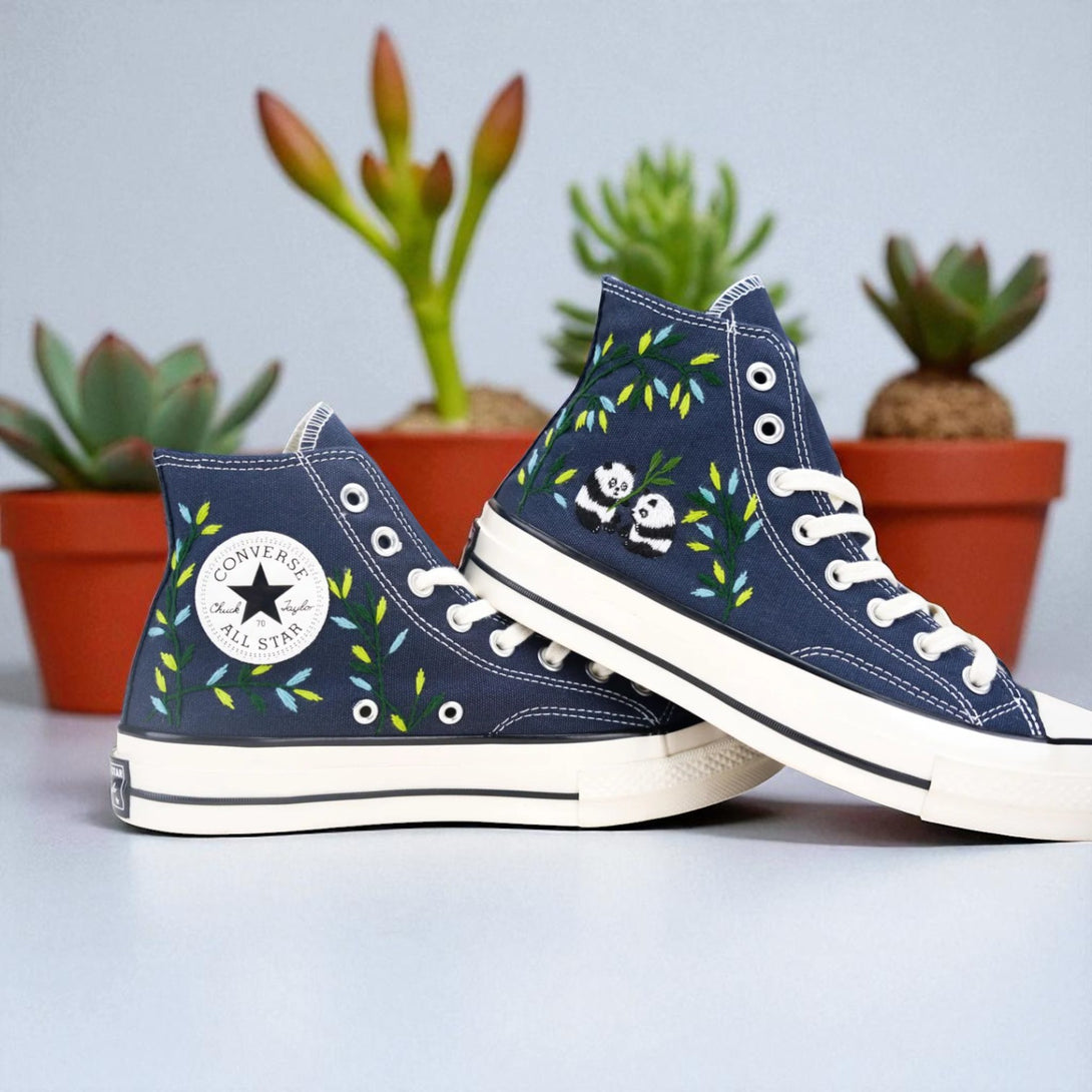 Comfortable wedding shoes for bride Embroidered panda Converse in navy blue with panda and leaf designs