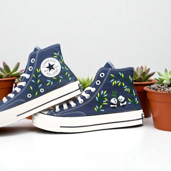 Stitchery Zone comfortable wedding shoes for bride Embroidered panda Converse in navy blue with white soles
