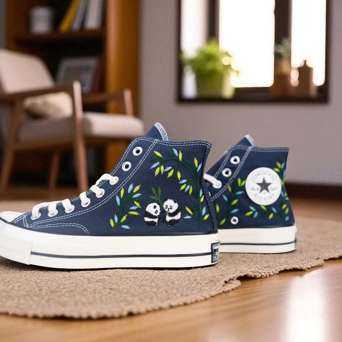 Comfortable wedding shoes for bride Embroidered panda Converse navy high-top sneakers with floral design
