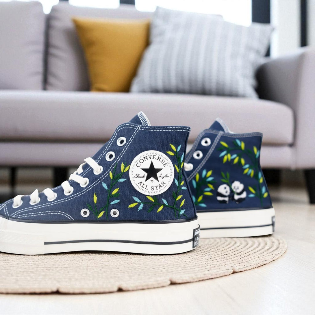 Comfortable wedding shoes for bride Embroidered panda Converse navy blue high top sneakers with panda and leaf designs