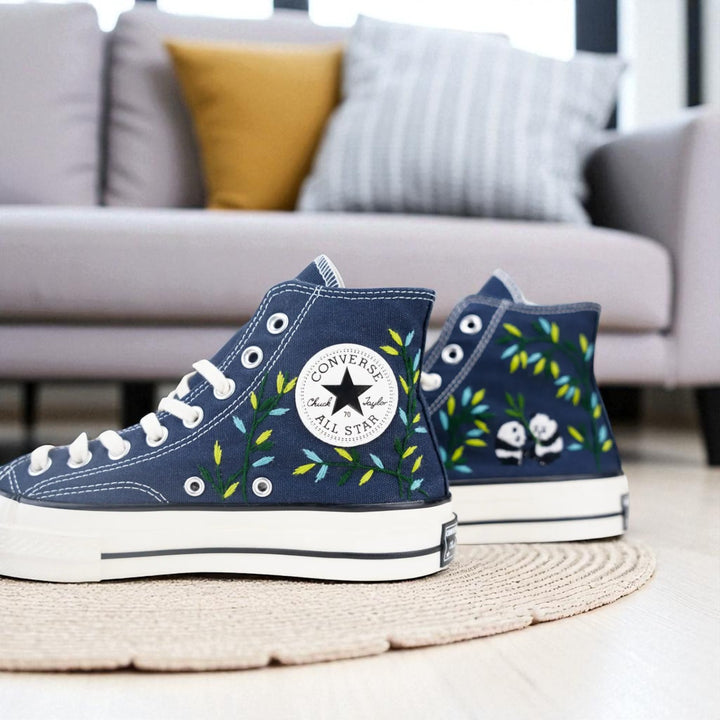 Comfortable wedding shoes for bride Embroidered panda Converse navy blue high top sneakers with panda and leaf designs