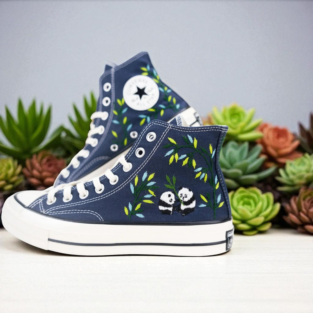 Comfortable wedding shoes for bride Embroidered panda Converse by Stitchery Zone with blue canvas and white laces
