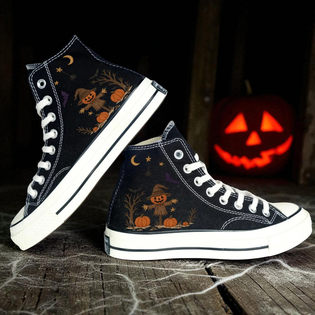 Converse Halloween embroidered black high top shoes with pumpkin jack o lantern and moon designs