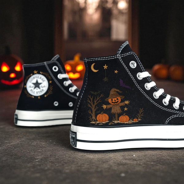 Converse Halloween black high top embroidered shoes with jack o lantern scarecrow pumpkin bats moon stars design