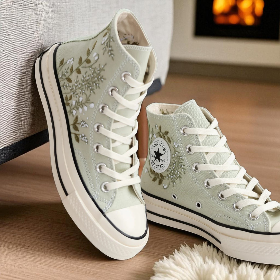 converse sage green embroidered high top canvas shoes with floral embroidery and platform sole