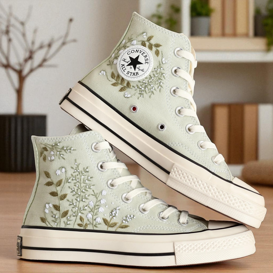 converse sage green high top embroidered canvas shoes with white floral embroidery and vintage sole