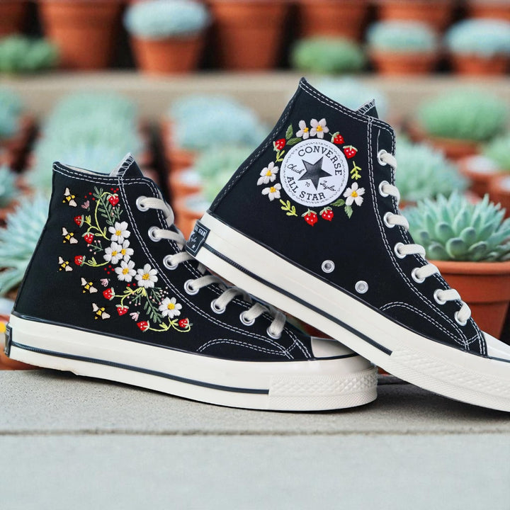 Black Converse Custom Strawberries and Bees Embroidery high-top shoes with floral and strawberry designs by Stitchery Zone