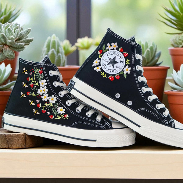 Converse Custom Strawberries and Bees Embroidery black high-top shoes by Stitchery Zone with floral and insect designs