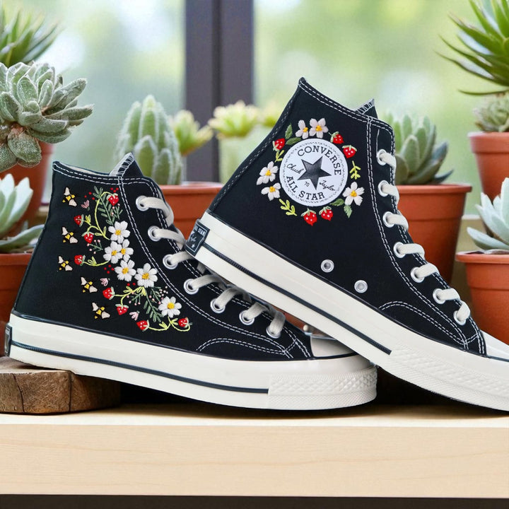 Converse Custom Strawberries and Bees Embroidery black high-top shoes by Stitchery Zone with floral and insect designs