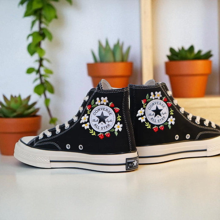Converse Custom Strawberries and Bees Embroidery on black high-top embroidered shoes by Stitchery Zone