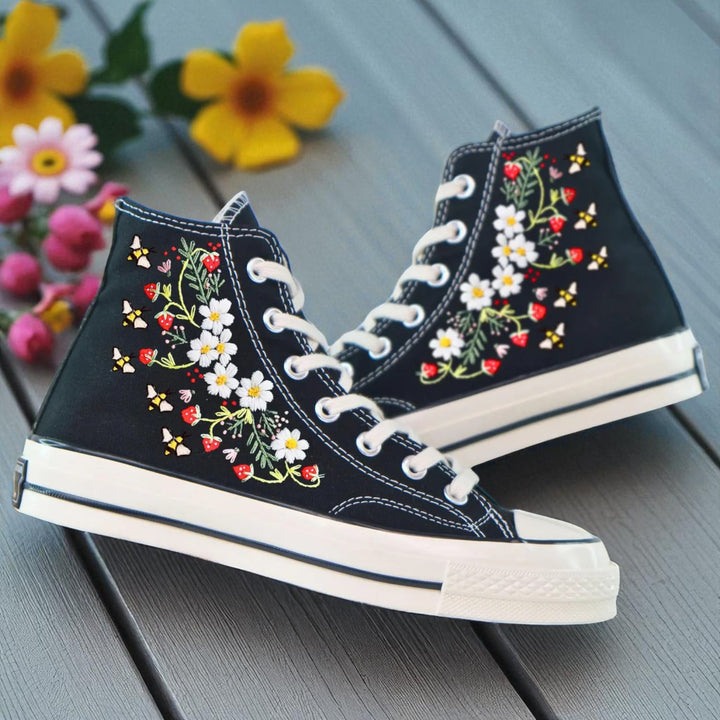 Stitchery Zone embroidered shoes with purple floral design Converse Custom Strawberries and Bees Embroidery