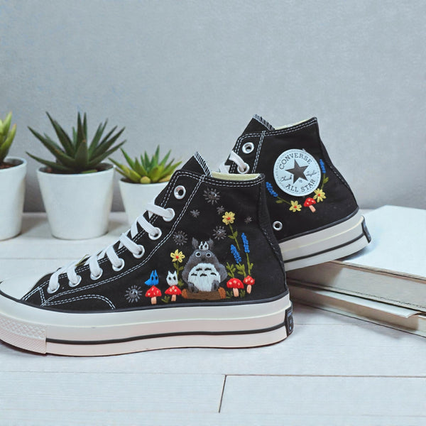 Cute Converse black embroidered shoes featuring Totoro and floral designs for a stylish touch