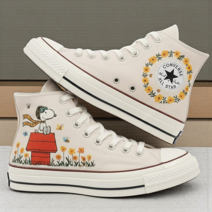Cute Converse high-top shoes with embroidered Snoopy and floral design for a playful look