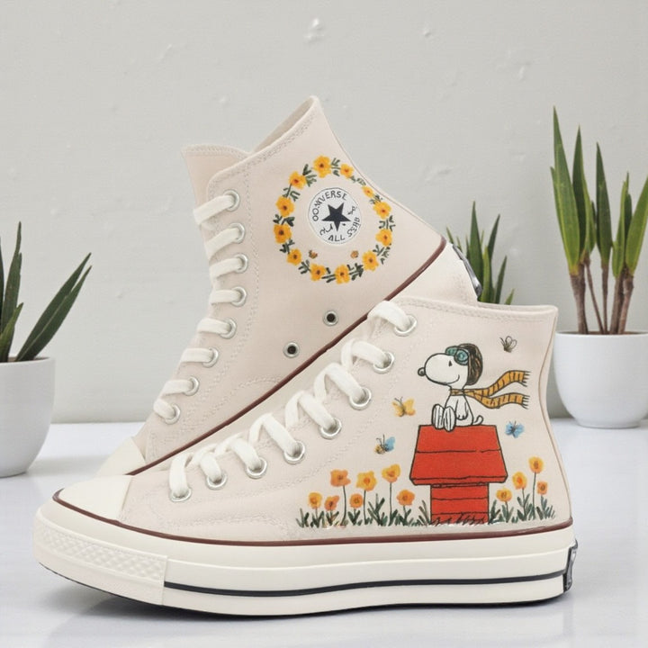Cute Converse embroidered shoes featuring Snoopy and floral designs for stylish everyday wear