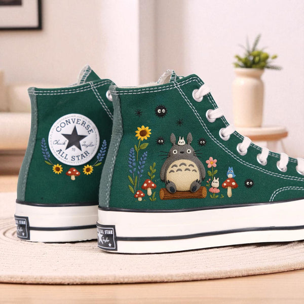 Cute Converse high-top shoes featuring colorful Totoro embroidery and floral designs