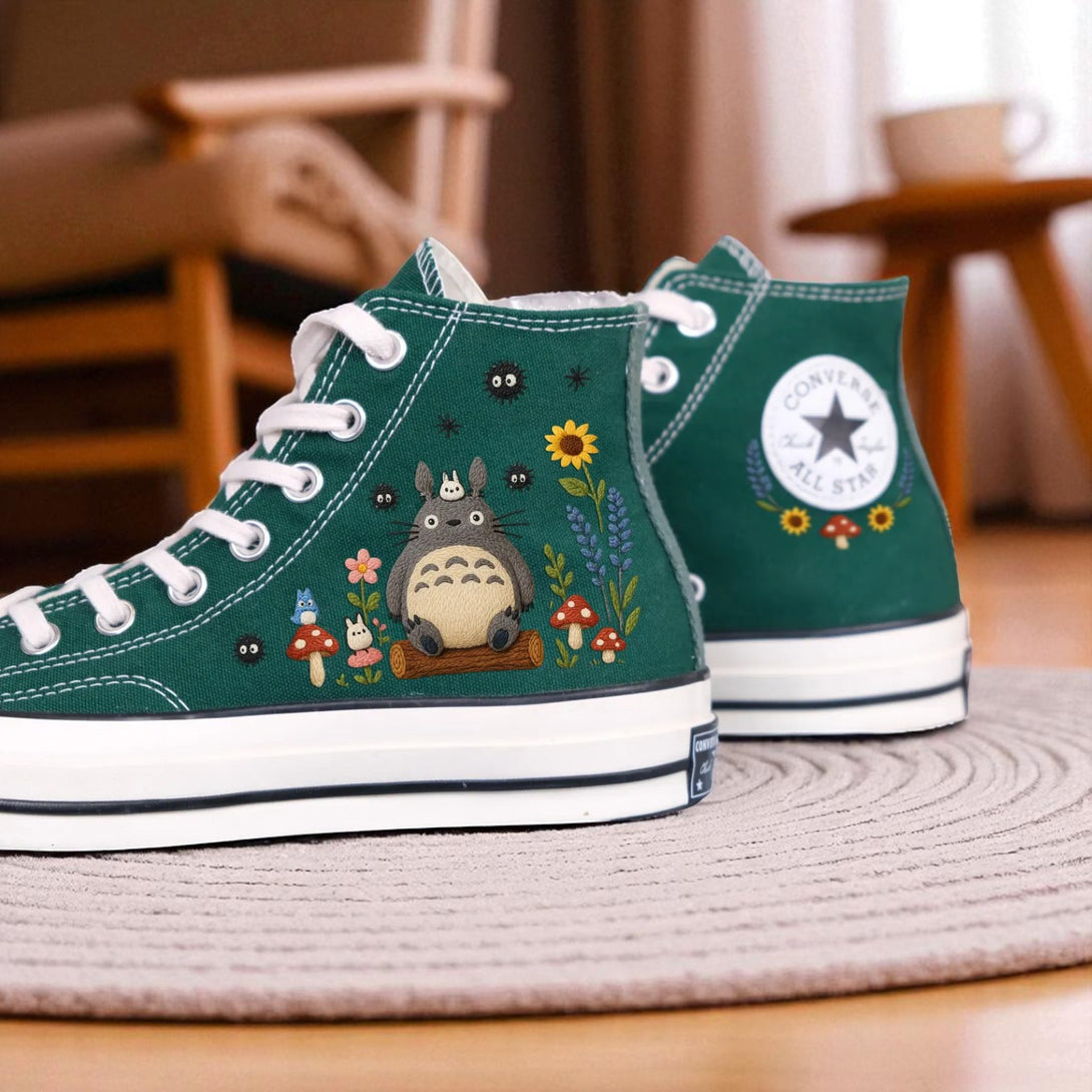 Cute Converse embroidered shoes featuring Totoro and floral designs for a playful style