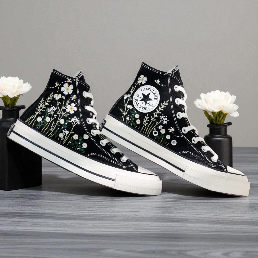 Stitchery Zone black high top canvas sneakers with floral art ideal as dance shoes for wedding Daisy Embroidered Converse Shoes