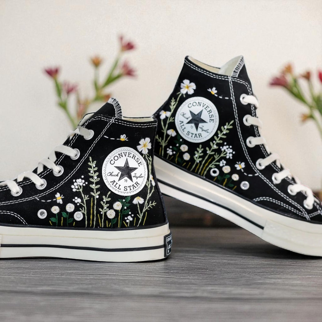 dance shoes for wedding Daisy Embroidered Converse Shoes black high top embroidered daisies by Stitchery Zone