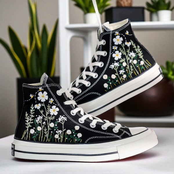 Black high top sneakers with white daisy embroidery by Stitchery Zone dance shoes for wedding Daisy Embroidered Converse Shoes