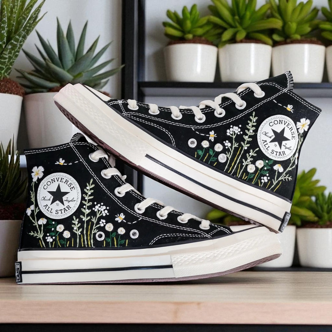 Stitchery Zone black high top sneakers with embroidered daisies dance shoes for wedding Daisy Embroidered Converse Shoes