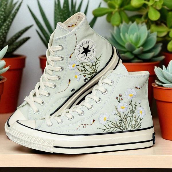 Stitchery Zone Converse Embroidered With Flower Garden white high-top shoes with purple floral embroidery