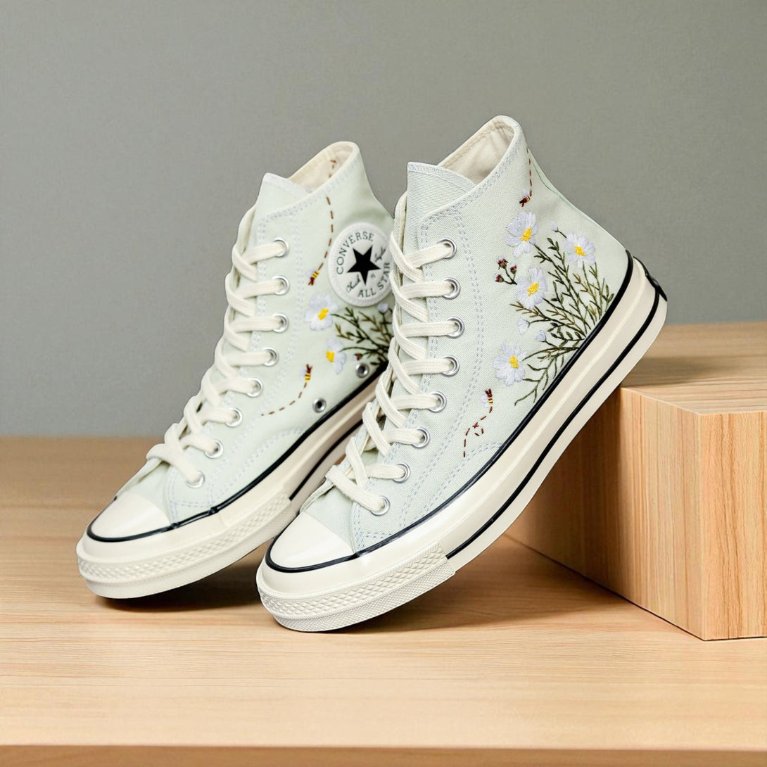 Converse Embroidered With Flower Garden high-top shoes by Stitchery Zone with white canvas and floral embroidery
