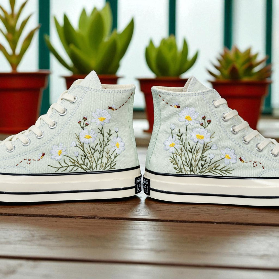 Converse Embroidered With Flower Garden white high-top shoes with floral embroidery and bee details by Stitchery Zone