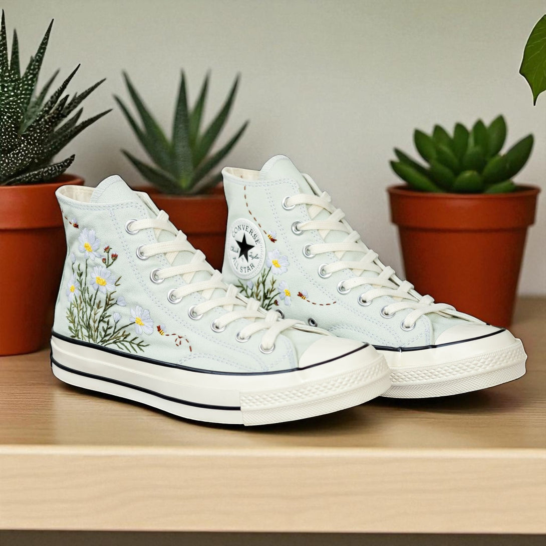 Converse Embroidered With Flower Garden high-top shoes featuring detailed floral embroidery by Stitchery Zone