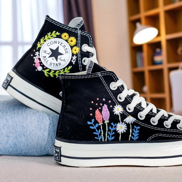 Floral Converse High Tops featuring vibrant embroidered flowers on black canvas for a stylish look
