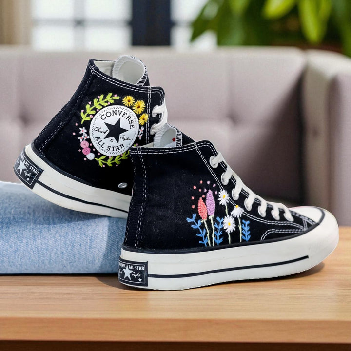 Floral Converse High Tops featuring colorful embroidered flowers on a black canvas shoe