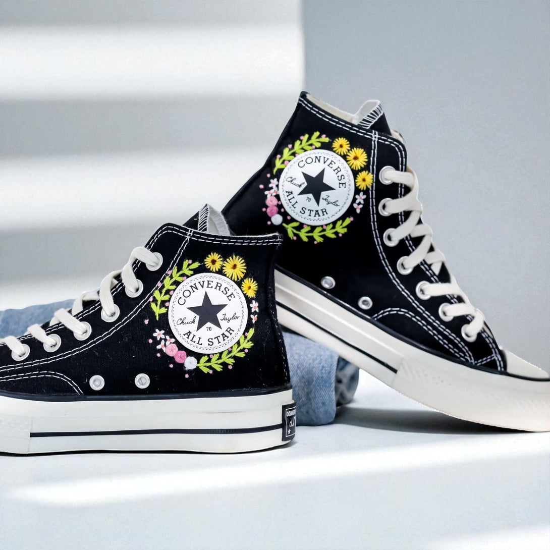 Floral Converse High Tops with Colorful Embroidery and Iconic Star Logo