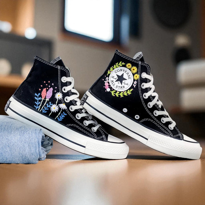 Floral Converse High Tops with Embroidery and Classic Black Design for Stylish Footwear