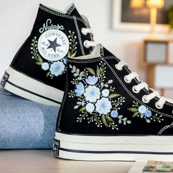 Stitchery Zone Flower Embroidered Shoes black canvas high top sneakers with blue white floral embroidery