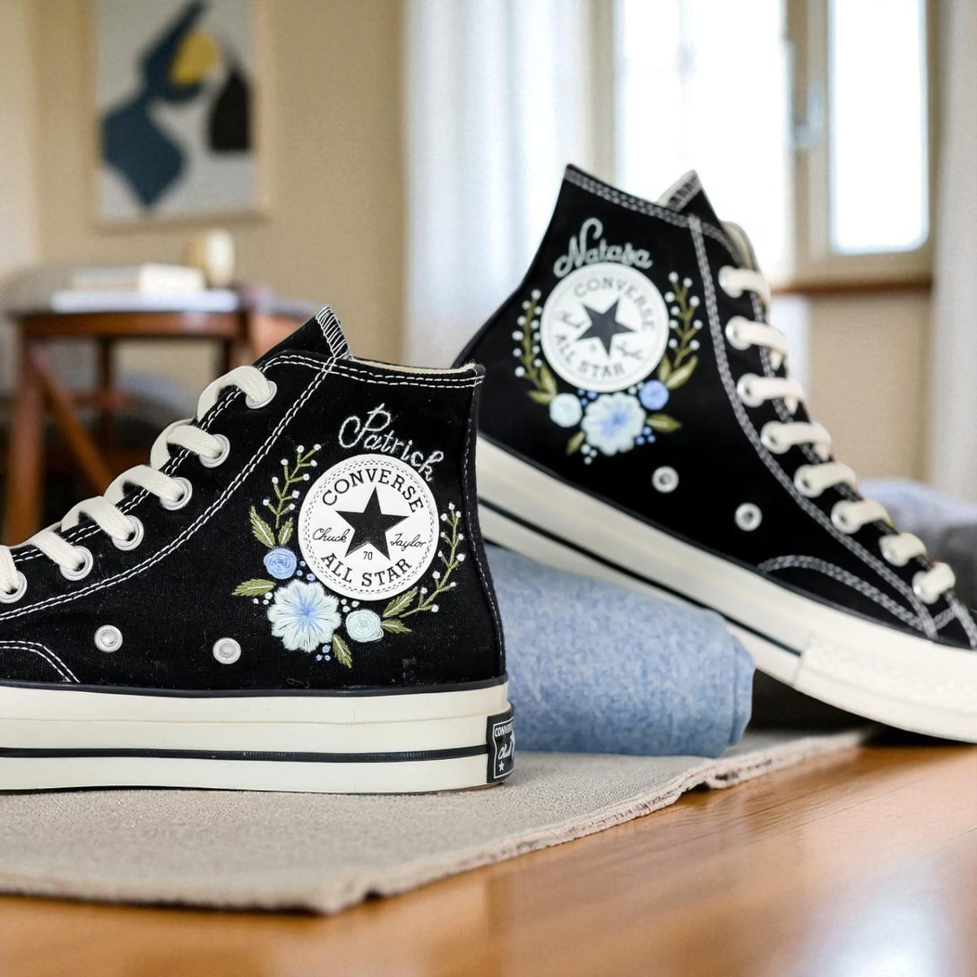 Stitchery Zone black high top Flower Embroidered Shoes with blue and white floral embroidery around ankle patch