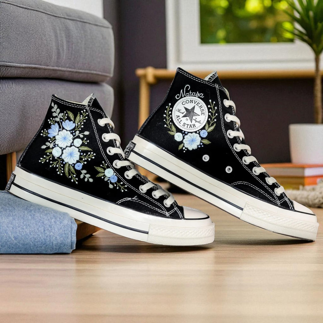 Flower Embroidered Shoes black high top canvas sneakers with blue floral embroidery by Stitchery Zone