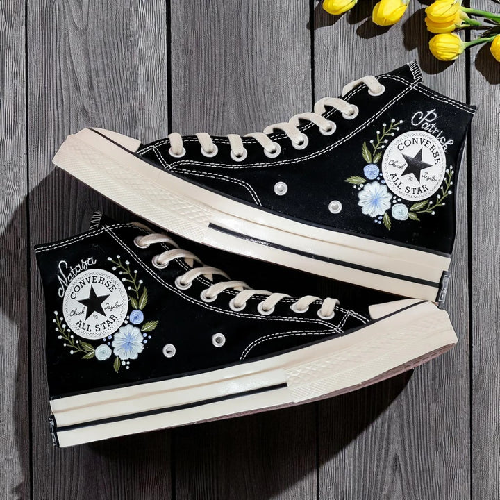 Stitchery Zone black high top canvas Flower Embroidered Shoes with white and blue floral embroidery and cream sole