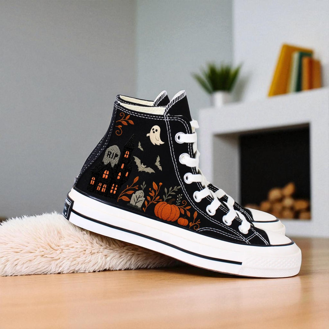 Black high top Ghost Embroidered Converse with orange pumpkin ghost grave and bat embroidery white laces