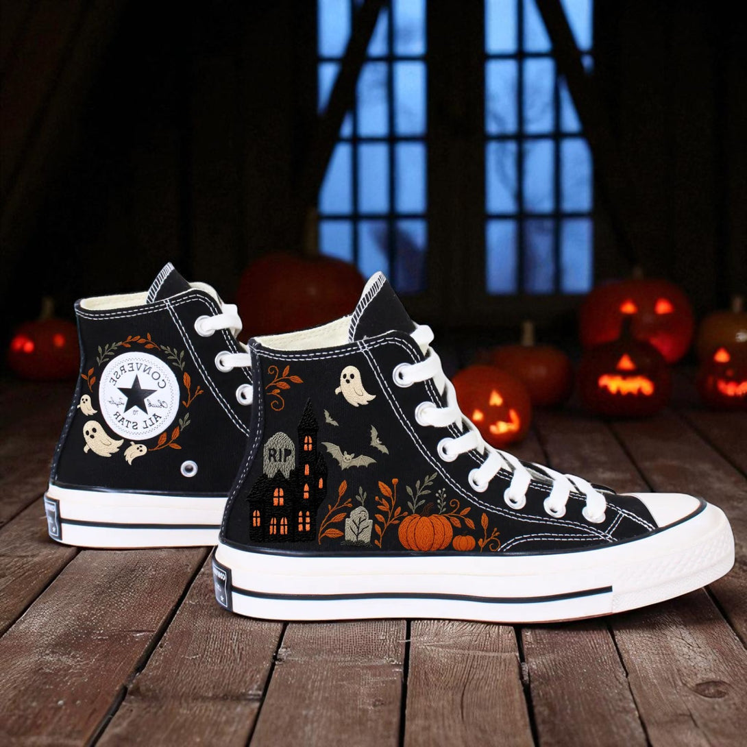 Ghost Embroidered Converse black high top sneakers with Halloween ghost pumpkin bat and tombstone embroidery