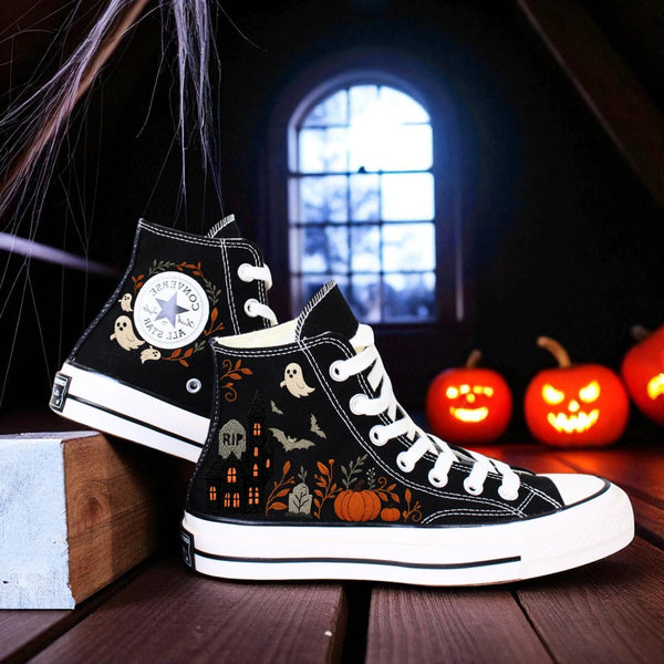 Ghost Embroidered Converse black high top shoes with Halloween pumpkins ghosts bats gravestone orange accents